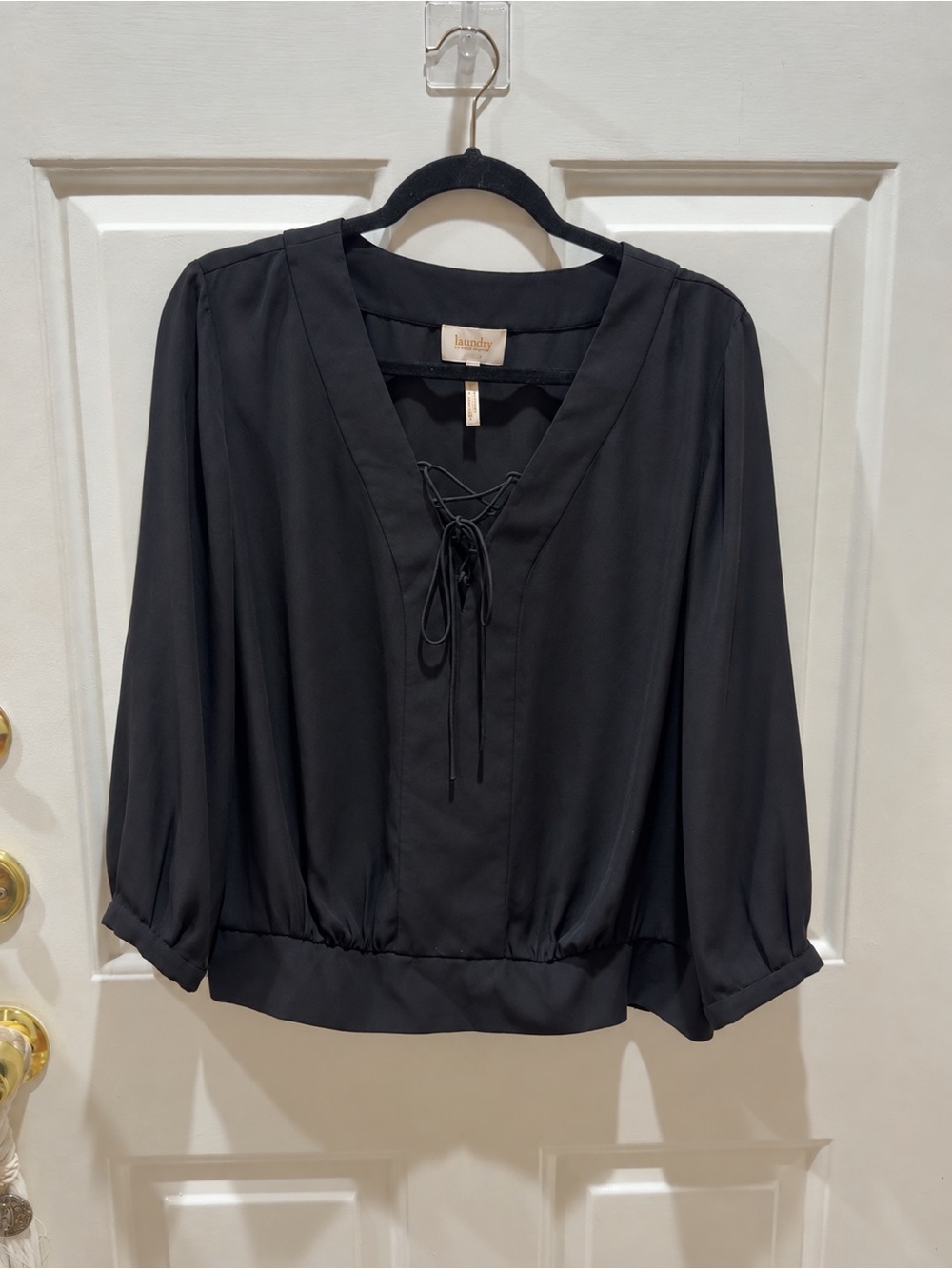 Laundry by Shelli Segal Black Lace-Up V-Neck Peasant Blouse